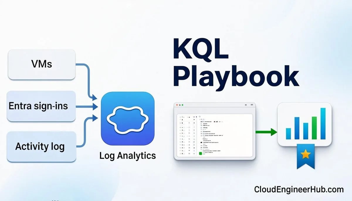 Feature illustration for the article: Azure Monitor & Log Analytics: A KQL Playbook for IT Admins — CloudEngineerHub.com