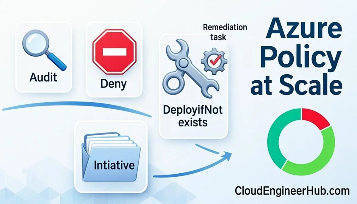 Feature illustration for the article: Azure Policy Governance at Scale: Initiatives, Exemptions, and Remediation — CloudEngineerHub.com